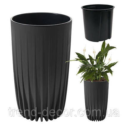 Горщик пластмасовий із вкладом MIRA ECO RECYCLED високий чорний 29.5 см., фото 3