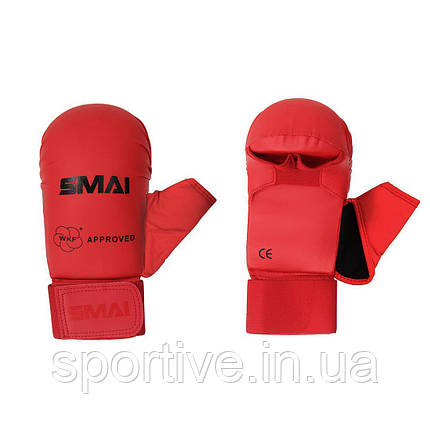 Рукавиці для карате з захистом великого пальця з ліцензією WKF | червоні | SMAI SM P101, фото 1