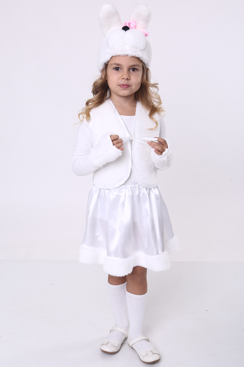 Дитячий карнавальний костюм Зайчик №1 для дівчаток з білого атласу та хутра для дітей від 3 до 8 років, фото 1