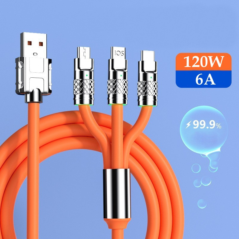 Кабель швидкісної зарядки 120W 3в1 (Lightning+Type-C+Micro) Orange