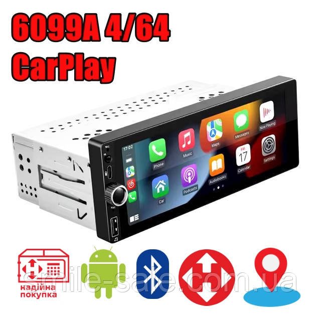Автомагнитола 1 Din с экраном 6,9" TurboSound 6099A 4/64GB CarPlay/Android Auto