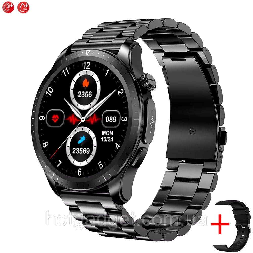 Смарт-годинник Lemfo E420 Black з тонометром, глюкометром, кисню в крові та температура 2 ремінця