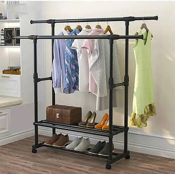 Подвійна телескопічна вішалка стійка для одягу з полицею на коліщатках підлогова Чорна