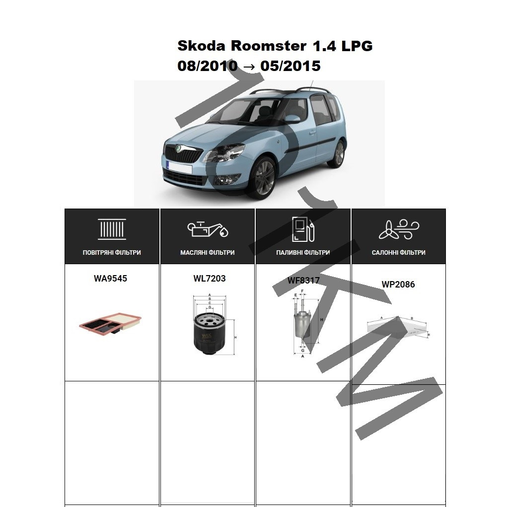 Комплект фільтрів Skoda Roomster 1.4 LPG (2010-2015) WIX