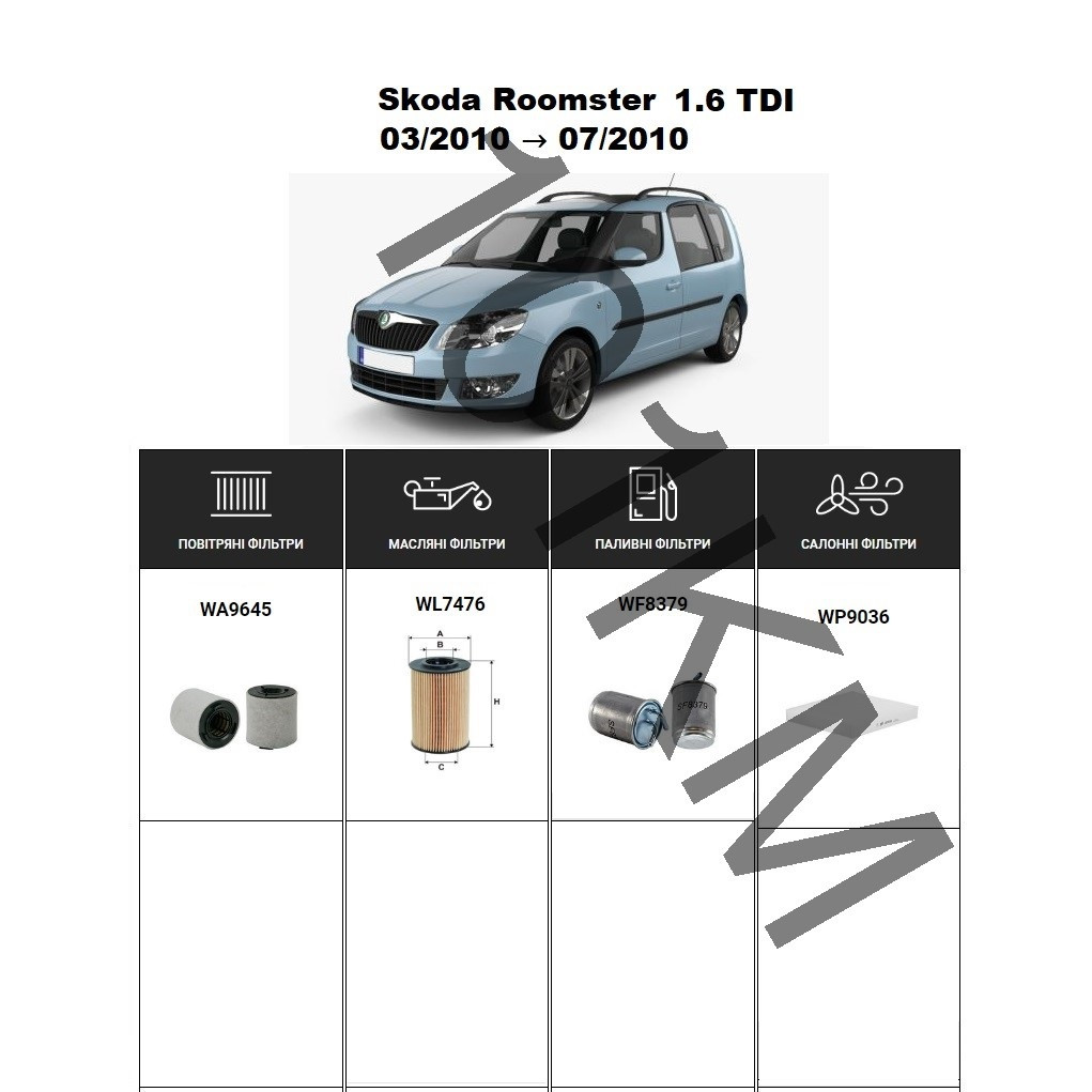 Комплект фільтрів Skoda Roomster 1.6 TDI (2010) WIX