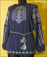 Вишиванка жіноча "Вишита доля" на синьому шифоні, вишита блуза в біло голубих тонах, машинна вишивка