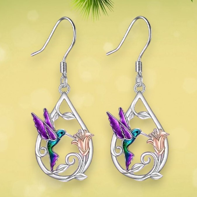 Сріблясті сережки з дизайном у вигляді птаха Колібрі та квітки Лотоса 4 см AurumLux038, фото 1
