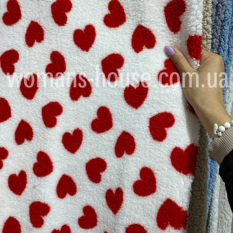 Тканина хутро Тедді на трикотажі Плюшевий 260 gsm 150 см принт Рулон від 45 м Серце, фото 1
