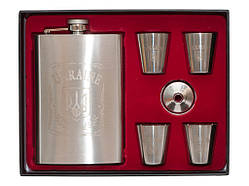 🔥Чоловічий подарунковий набір "Україна", фляга 270 мл з гербом, 4 стопки, лійка, в коробці, NF4-8 Сріблястий