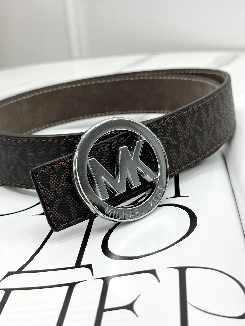 Ремінь унісекс- пояс Michael Kors коричневий срібло Маршлас Корс, фото 1