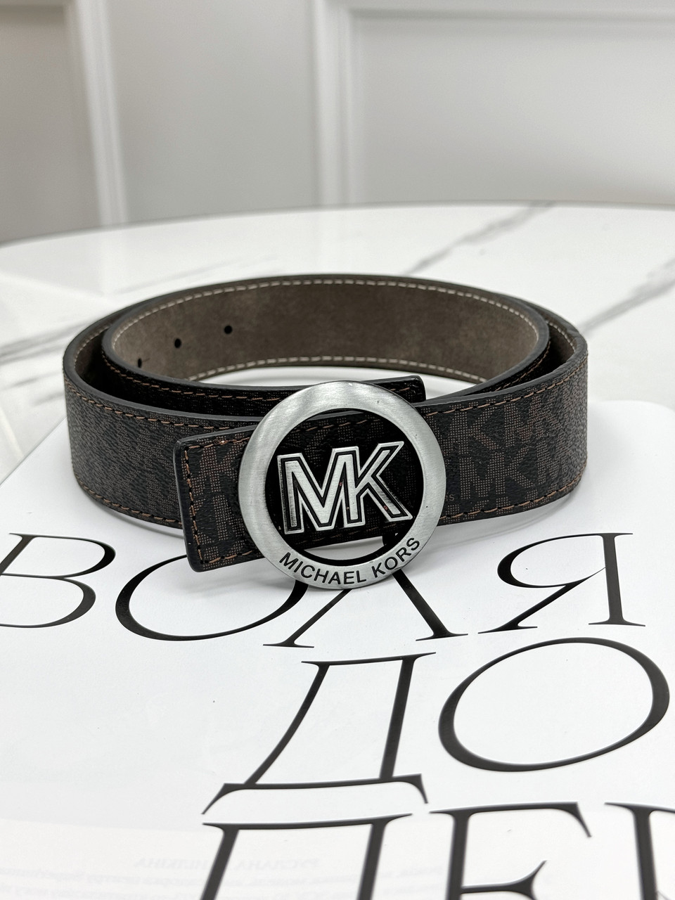 Ремінь унісекс пояс Michael Kors коричневий срібло матовий Мішал Корс, фото 1