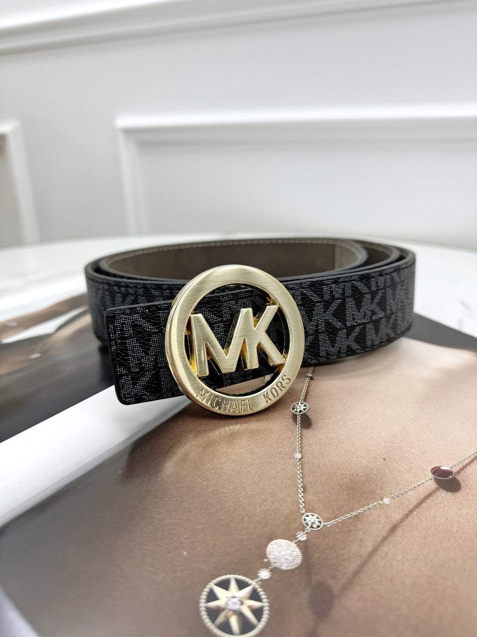 Ремінь унісекс- пояс Michael Kors чорний золото Елізабет Корс