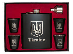 🔥Чоловічий подарунковий набір "Україна": фляга 540 мл з гербом, 4 стопки, лійка, в коробці NF4-9 Чорний