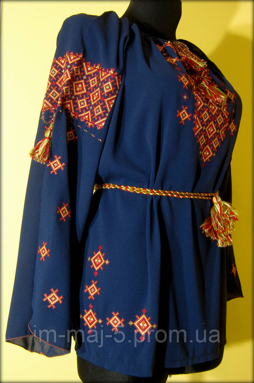 Вишиванка жіноча "Святкова" на синьому шифоні, блуза вишита кольоровими нитками, машинна вишивка - фото 2 - id-p445367332