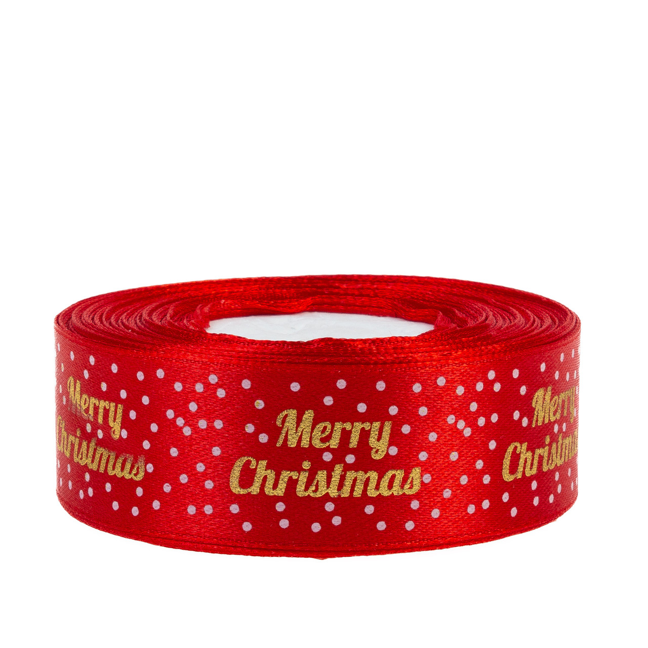 Стрічка атласна новорічна 2,5 см (1 м) "Мerry Cristmas крапинка" червона