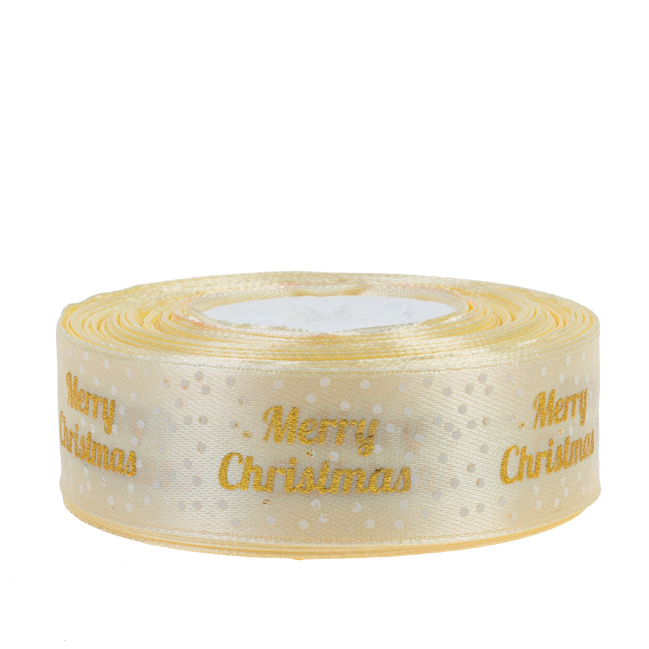 Стрічка атласна новорічна 2,5 см (1 м) "Мerry Cristmas крапинка" кремова