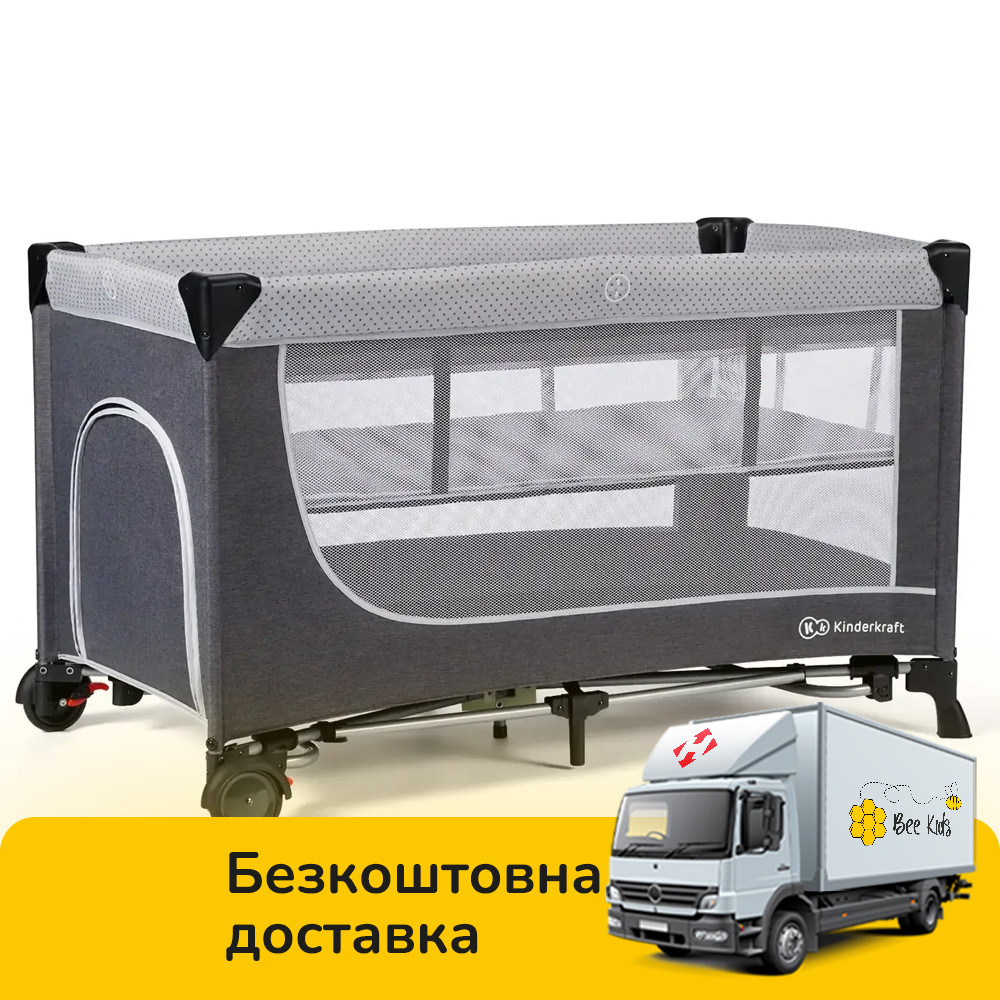 Ліжечко манеж приставне Kinderkraft Leody Grey (складний, на коліщатках) Сірий, фото 1