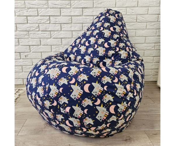Крісло-груша бавовна "Єдиноріг на синьому" KatyPuf L 100x75