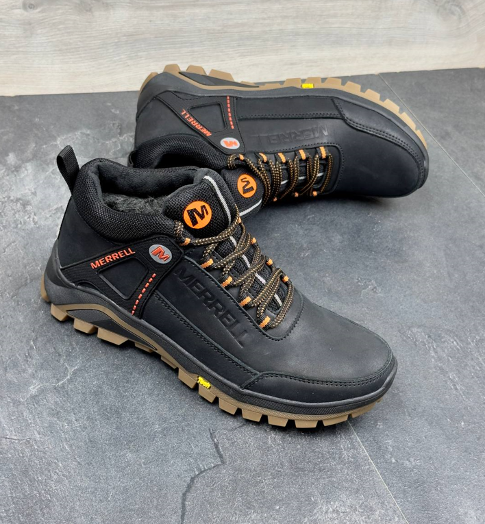 Чоловічі зимові шкіряні кросівки Merrell з хутром черевики Мерел чорні з помаранчевим високі зима