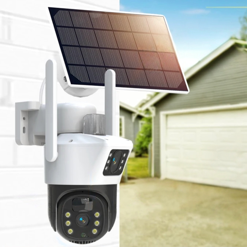 Бездротова вулична камера відеоспостереження 4G PTZ на 2 об'єктиви із сонячною панеллю нічним баченням, фото 1