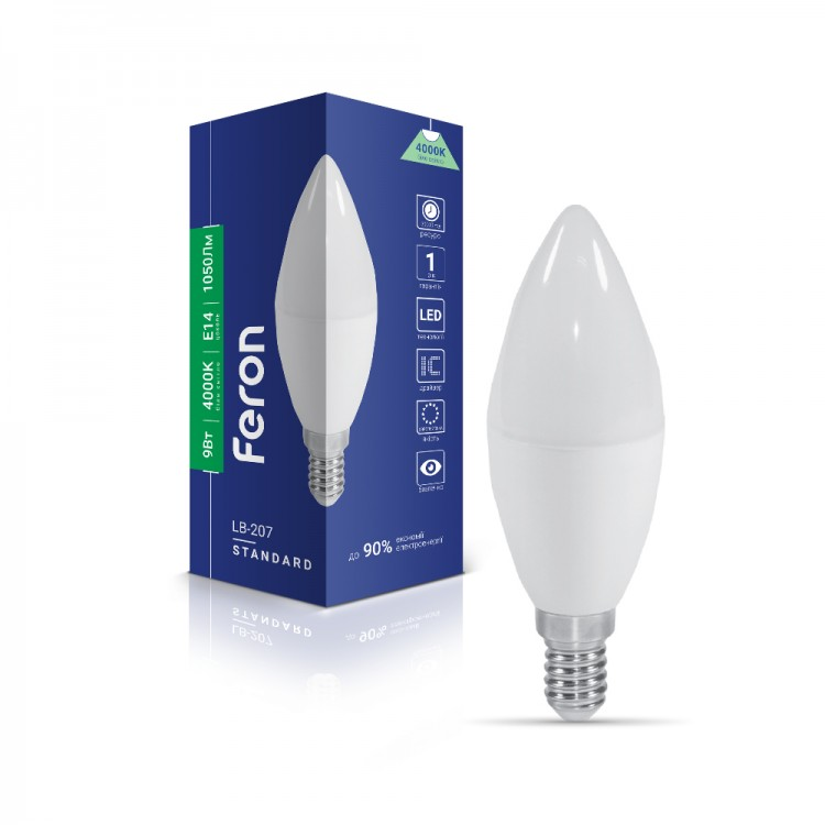 Світлодіодна LED-лампа "свічка" Feron LB-207 9W Е14 C37 4000K Ø37х121мм (в люстру, бра, торшер) 1050Lm, фото 1