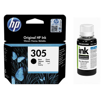 Струменевий картридж HP 305 Black + Чорнило ColorWay CW-HW350BK01 100мл (3YM61A), фото 1