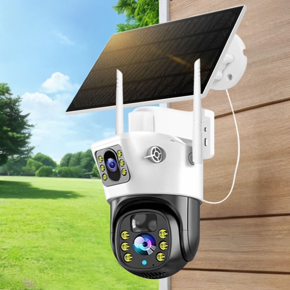 Бездротова камера відеоспостереження WiFi PTZ вулична із сонячною панеллю 2 об'єктивами та датчиком руху, фото 1