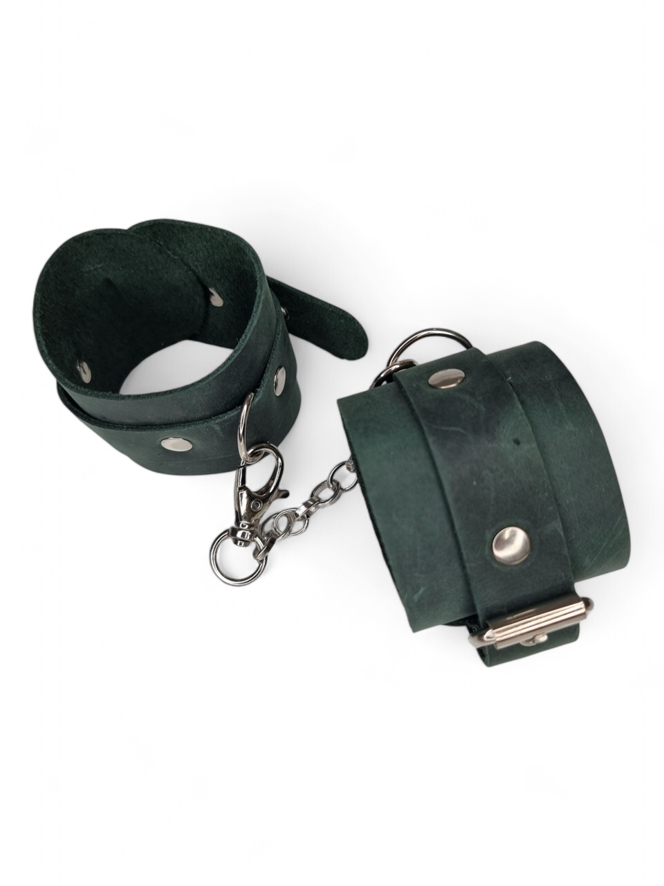 Стильні наручники з натуральної шкіри темно-зеленого кольору, фото 1