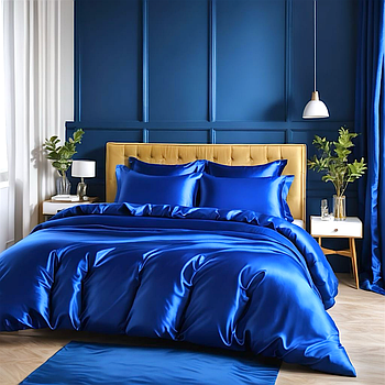 Простирадло 150х220 (Сатин Premium) | Полуторне простирадло від виробника "Королева Ночі" | Однотонний синій