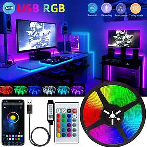 Світлодіодна LED стрічка RGB із Bluetooth додатком | З пультом | Комплект 5 метрів від USB