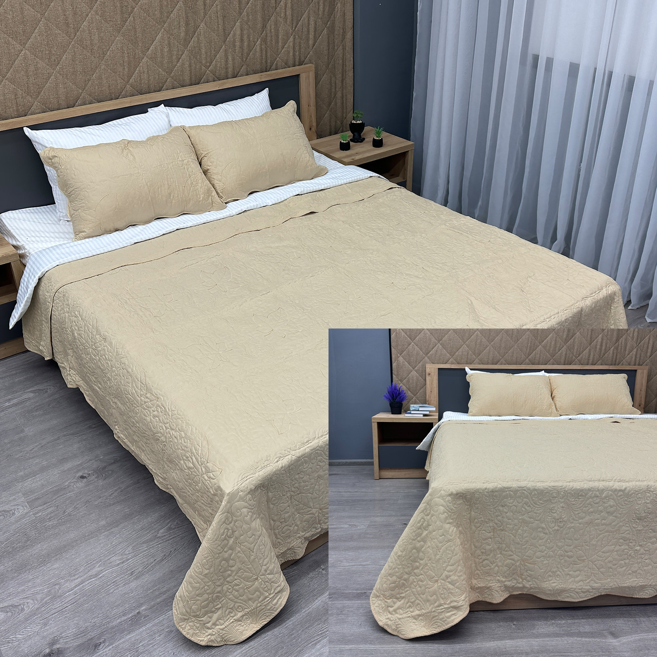Покривало 220x220 (+-10см.) стьобане з наволочками Expo Trade листя, бежевий (85-150), фото 1