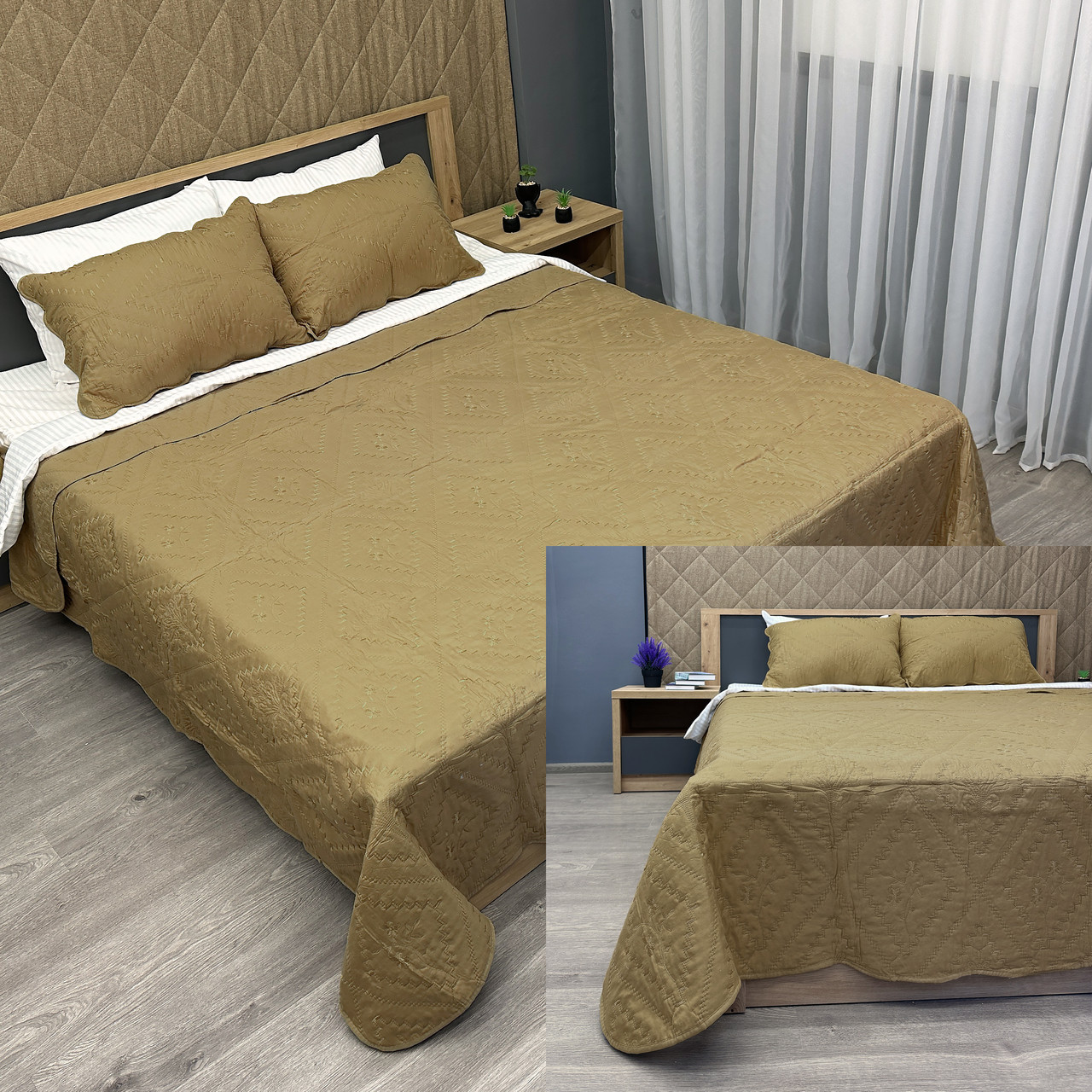 Покривало 220x220 (+-10см.) стьобане з наволочками Expo Trade, гірчичний (85-151)