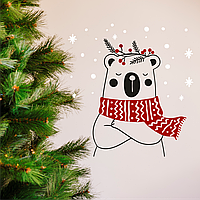 Новорічні наклейки на вікна Ведмідь з червоним шарфом сніжинки сніжки Happy Pocket Чорний матовий Набір S