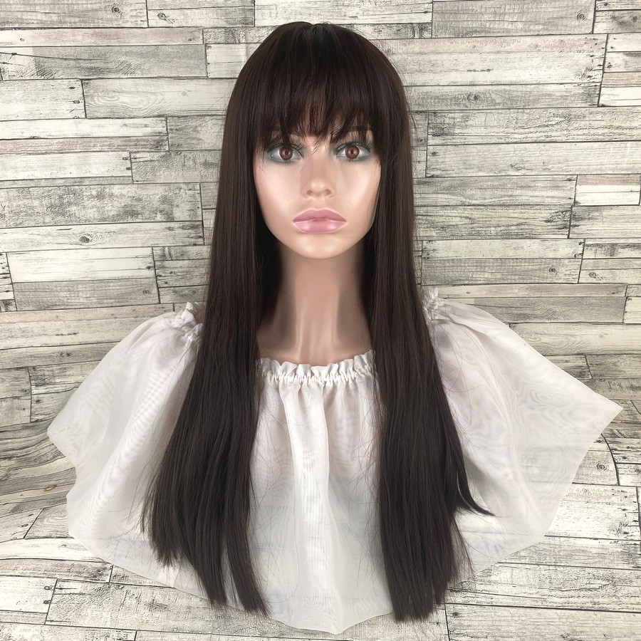 Перука жіноча довга пряма коричнева темна з чубчиком і проділом 60 см, фото 1