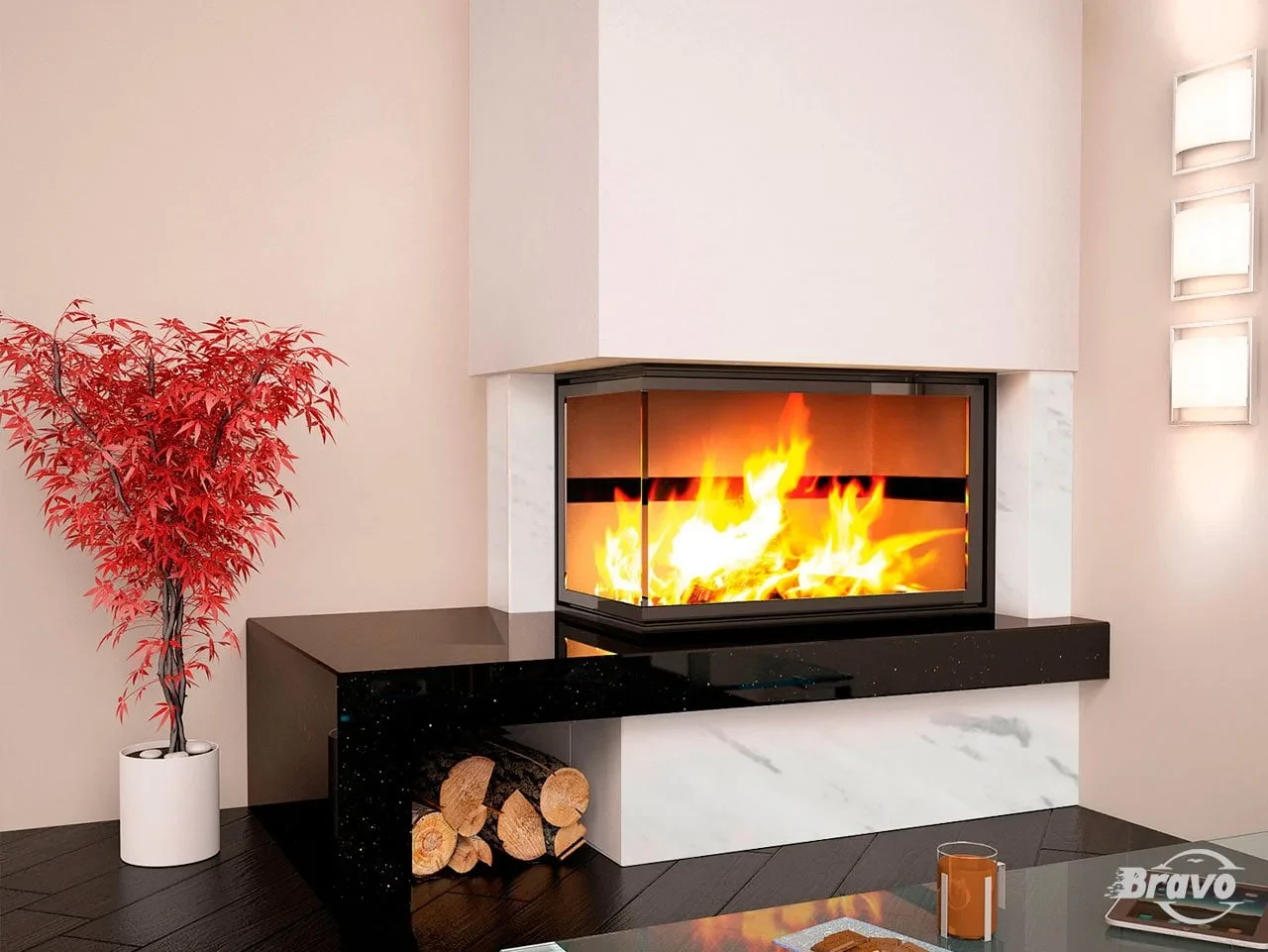 Портал для каміна (облицювання) кутовий Техно з натурального мармуру Botticino + Nero marquina