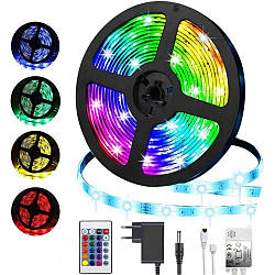 Світлодіодна стрічка 5м 3528, з пультом та блоком, від мережі / Самоклеюча багатобарвна стрічка для стелі