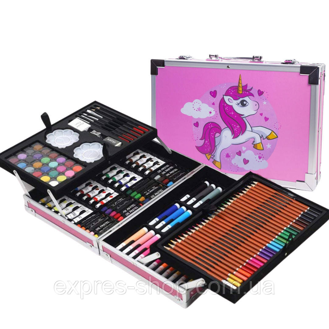 Набір для малювання у валізі 145 предметів, Рожевий / Дитячий набір для творчості, фото 1