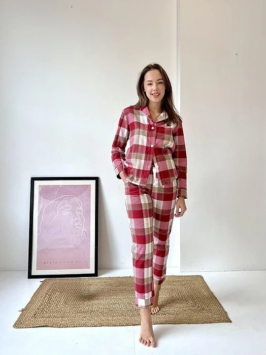 Фланелева піжама в клітку зі штанами жіноча розмір S, клітчаста піжама COSY зимова з сорочкою Червоний, фото 1