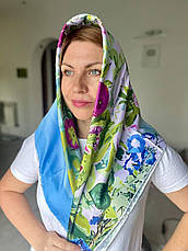 Шовкова хустка картина Квіти за тином 90*90 см ручна обробка краю, фото 6