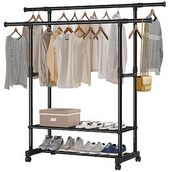 Стійка телескопічна для одягу та полиця для взуття 155х76х42 см Garment Rack Вішалка для одягу на коліщатках