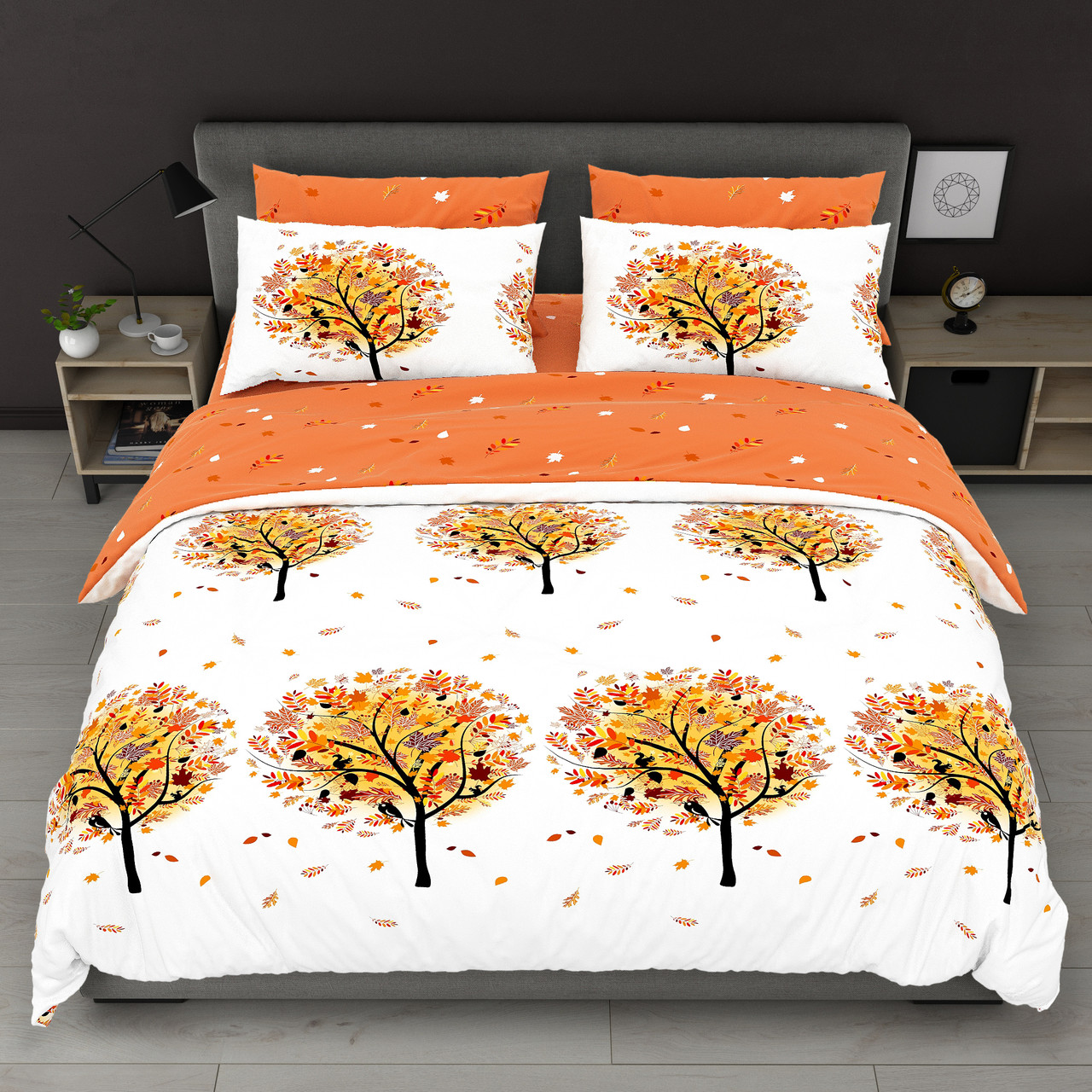 Наволочка на блискавці 70х70 (Сатин) | Від виробника "Королева Ночі" | Дерева, листя на білому та помаранчевому, фото 1