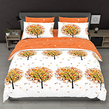 Простирадло 150х220 (Сатин) | Полуторне простирадло від виробника "Королева Ночі" | Дерева, листя на білому та помаранчевому