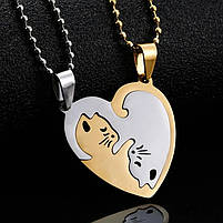 Парні кулони для закоханих із серцем. Подвійні підвіски з котиками. Красиві кулони коти на подарунок, фото 10