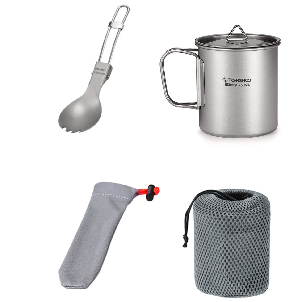 Титанова чашка з кришкою TOMSHOO 450 мл + ложка. Оновлений дизайн, фото 1