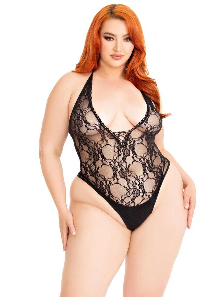 Тедді Leg Avenue Floral lace deep-V teddy, 1X/2X, чорне, мереживне, відкрита спина, високі трусики