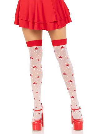 Панчохи Leg Avenue Polka Dot Mushroom Thigh Highs, One Size, біло-червоні, на гумці, малюнок — гриби, фото 1
