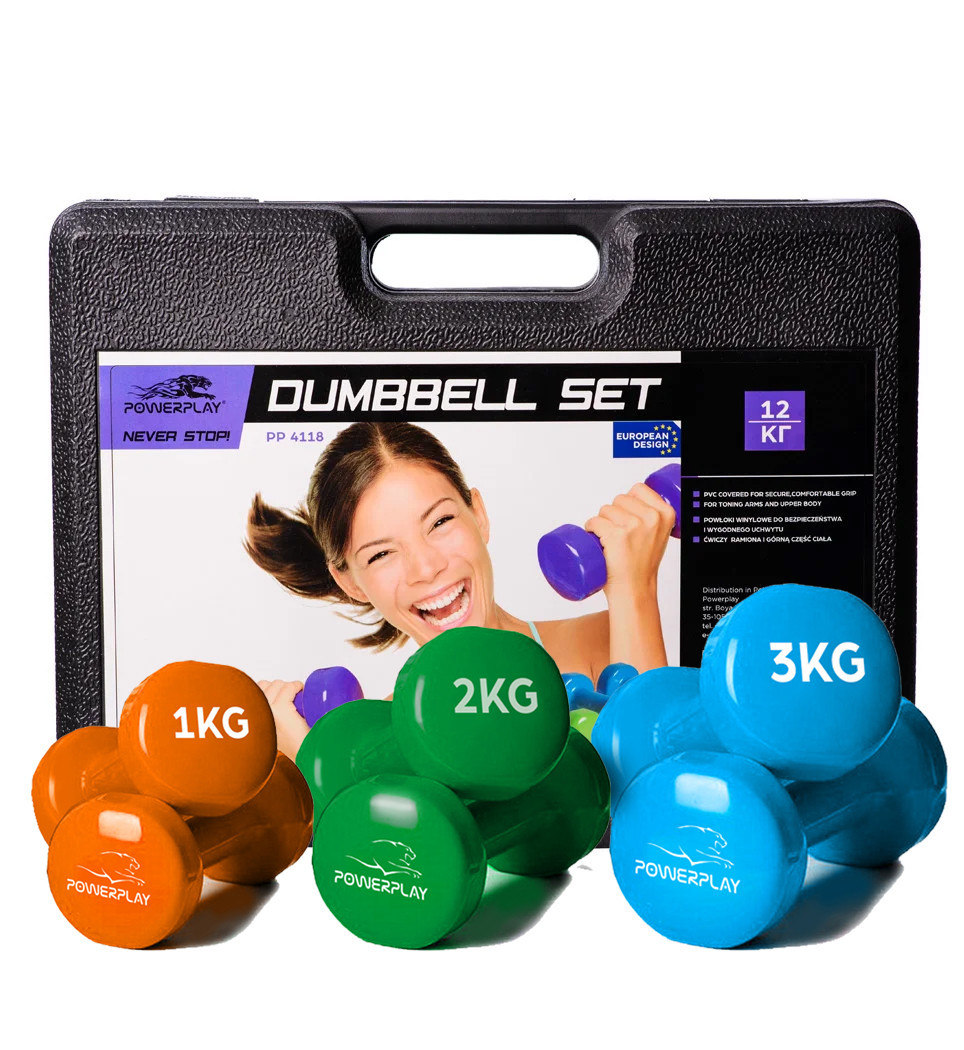 Набір гантелей в кейсі 12 кг. PowerPlay 4118 Fitness Dumbells (2шт.*1кг. 2шт.*2кг. 2шт.*3кг.), фото 1