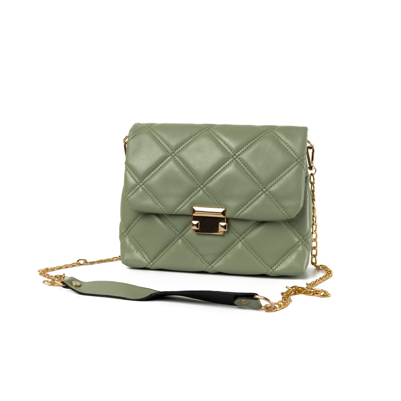Сумка жіноча елегантна з якісного стьобаного шкірозамінника і довгою ручкою-ланцюжком, Оливковий, фото 1