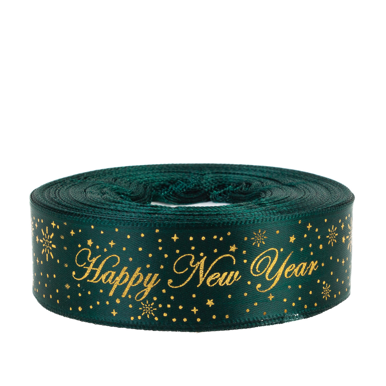 Стрічка атласна новорічна 2,5 см (1 м) "Happy New Year" смарагдова