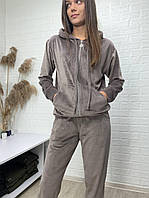 Жіночий велюровий костюм на змійці з капюшоном, колір капучино